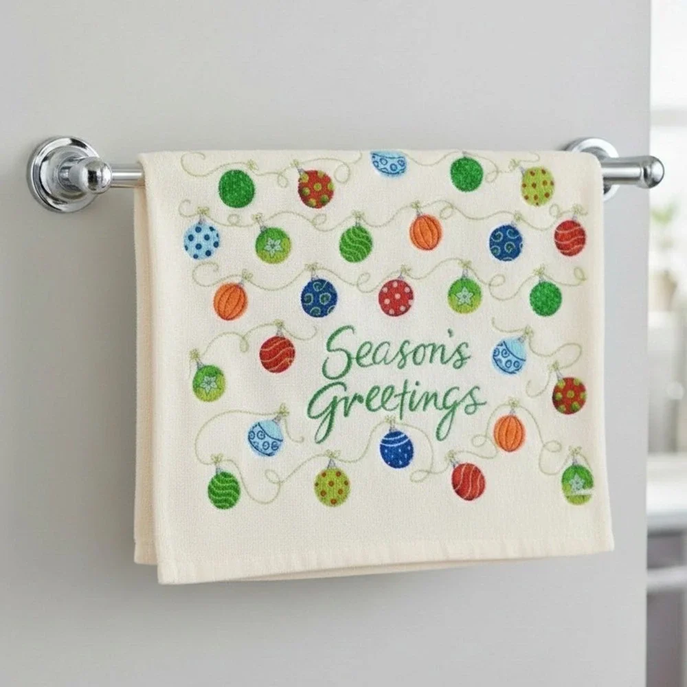 Christmas Kitchen Hand Towel Seasons Greetings Colorful Ornaments Holiday‎ Decor